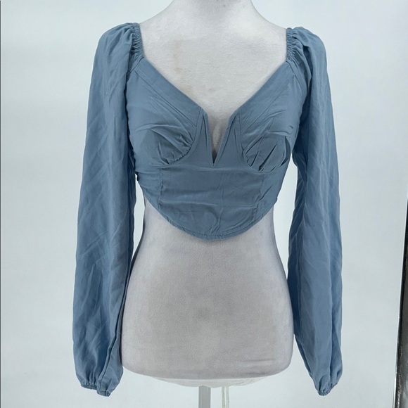 L.A. Hearts Blue Bustier Crop Top XS Long Sleeve Smocked Back V Neck - Picture 3 of 10